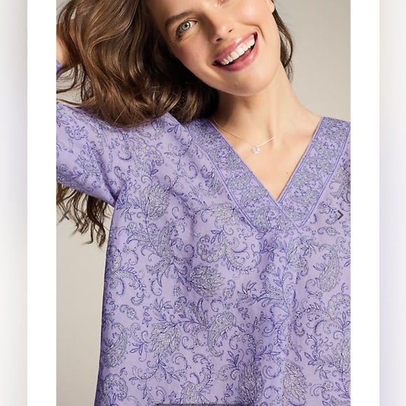 J. Jill Love Linen Purple Paisley Boho Popover Blouse Border Print Boxy Sz Large - Picture 11 of 11